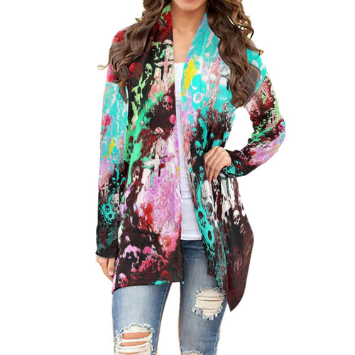 skull abstract teal Print Women's Cardigan With Long Sleeve