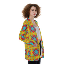 Load image into Gallery viewer, #300 Women&#39;s Patch Pocket Cardigan. With yellow and teal and red abstract.
