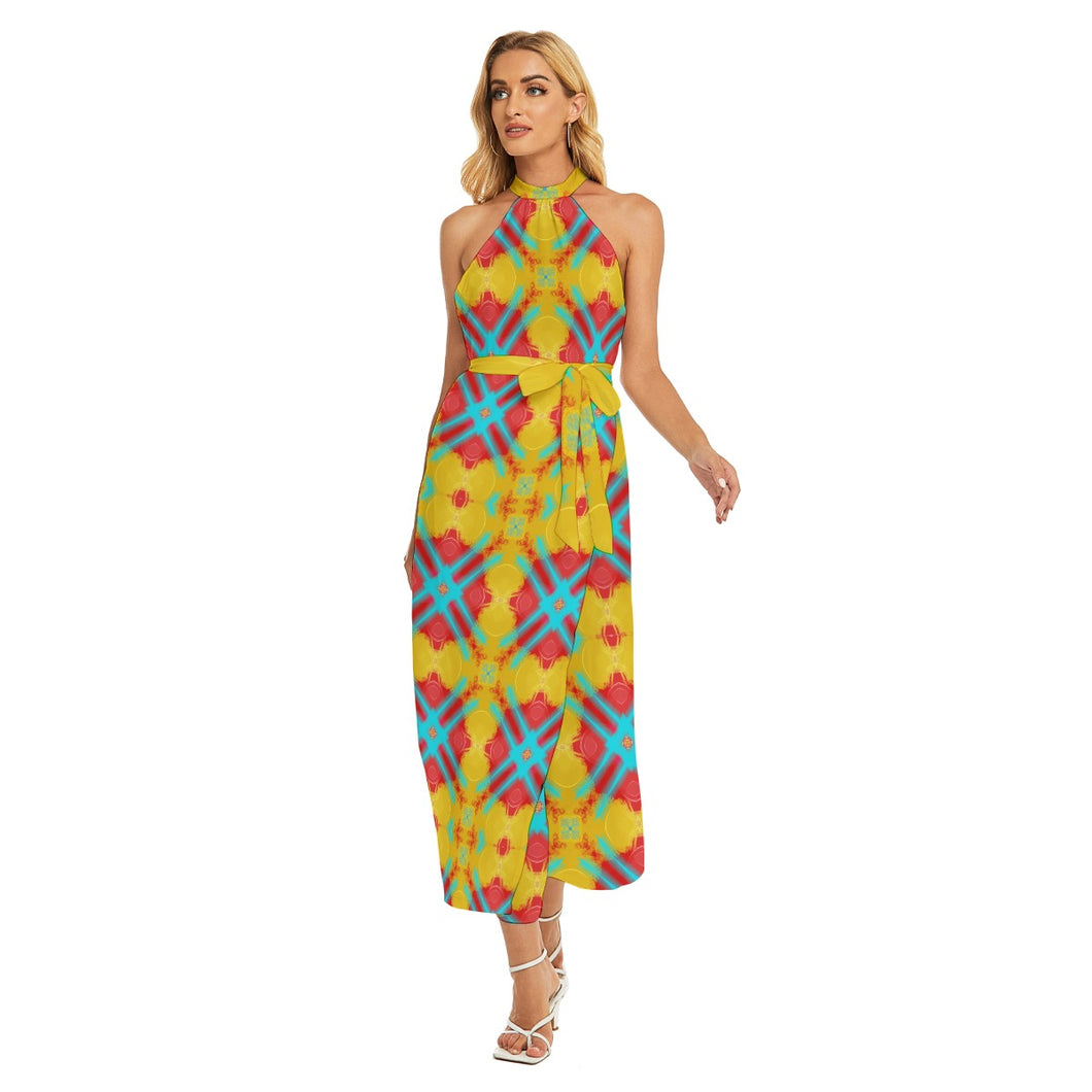 #300 Women's Wrap Hem Belted Halter Dress in teal, yellow,red abstract