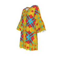 Load image into Gallery viewer, #300 Women&#39;s Stacked Ruffle Sleeve Dress in teal, yellow, red abstract
