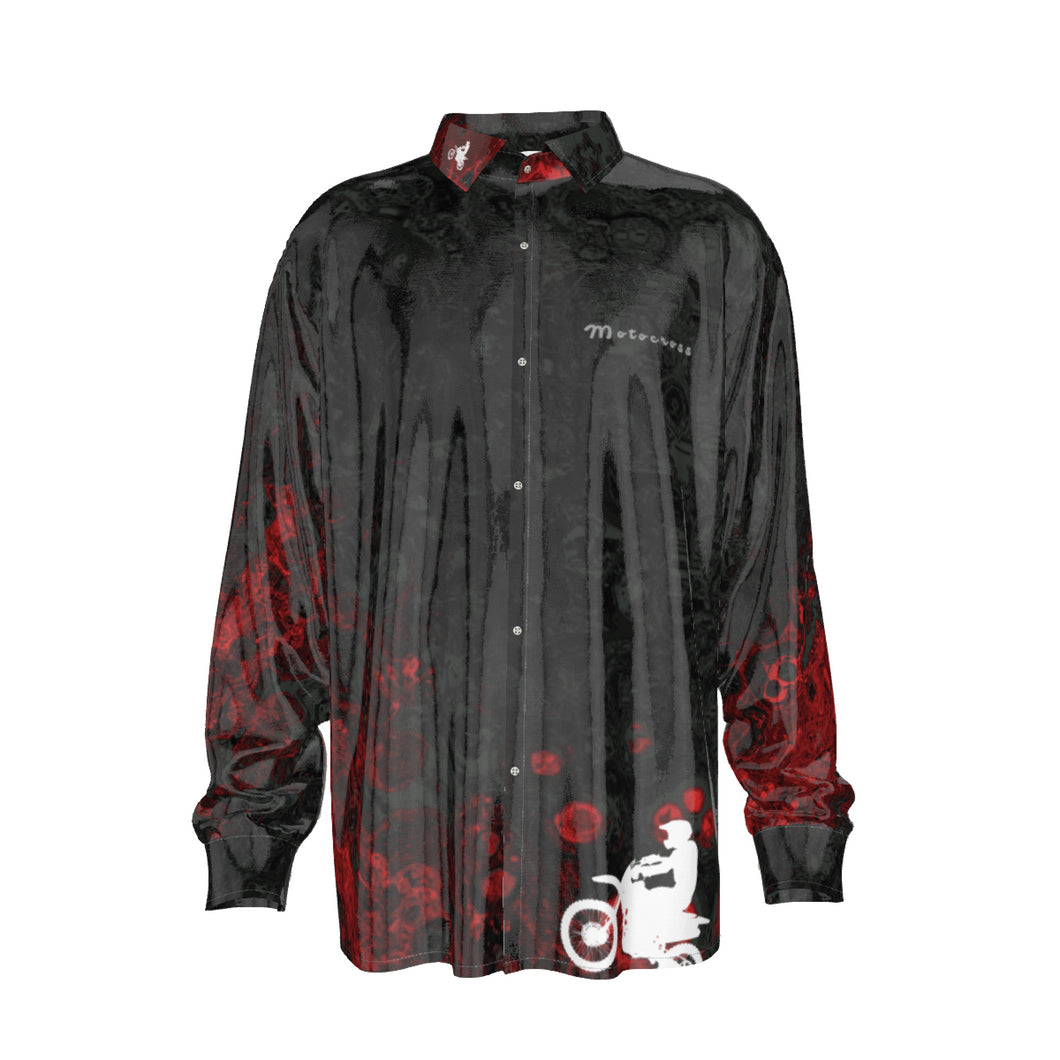 Blk/red Motocross Print Men's Imitation Silk Long-Sleeved Shirt