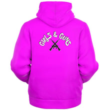 Load image into Gallery viewer, Girls n Guns print pink micro fleece zip up hoodie
