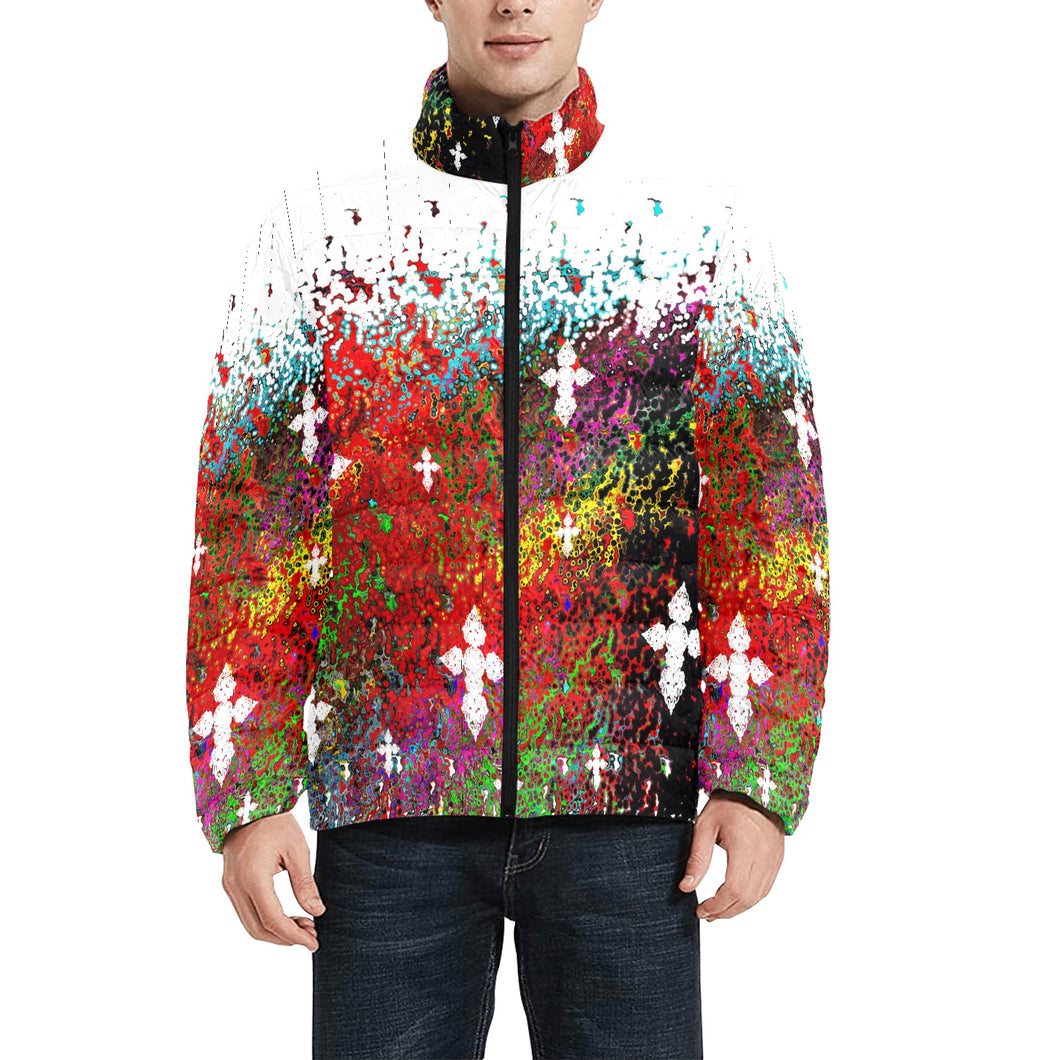 Multicolored cross print padded jackets Men's Stand Collar Padded Jacket (Model H41)