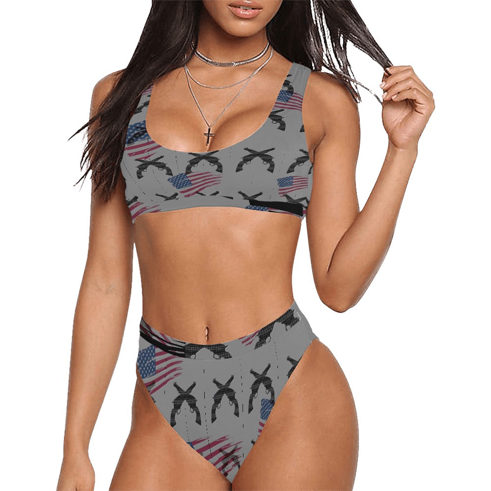 American Theme print  Sport Top & High-Waisted Bikini Swimsuit (Model S07)
