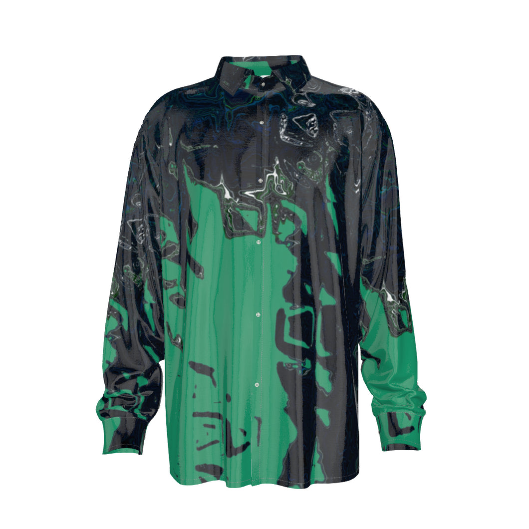 Green/blk abstract Print Men's Imitation Silk Long-Sleeved Shirt