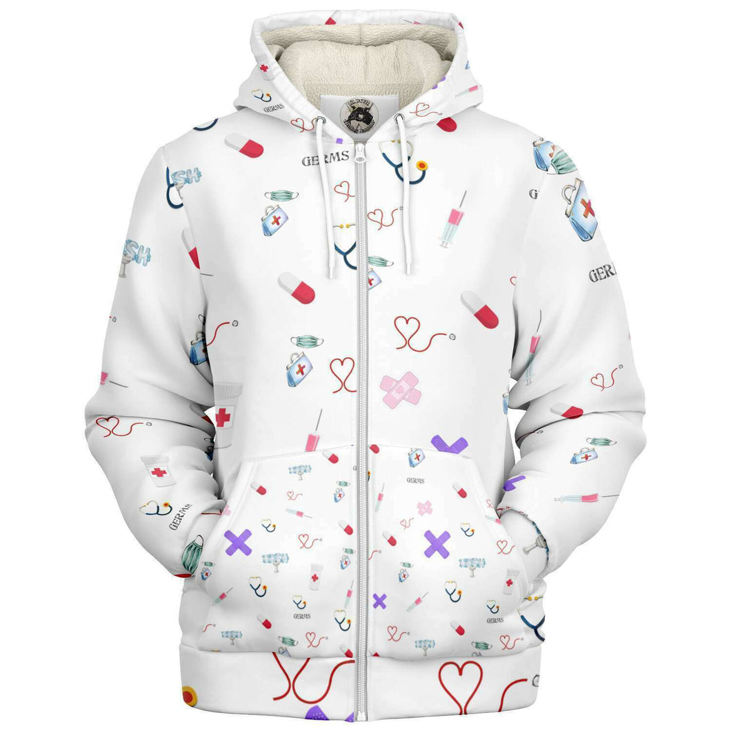 Nurses/Doctors themed print microfleece zip up hoodies