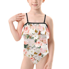Load image into Gallery viewer, Amelia Rose flower print girls swimsuit FDE2B9EA-EFB7-45ED-B638-01C189E735AE Kids&#39; Spaghetti Strap Ruffle Swimsuit (Model S26)
