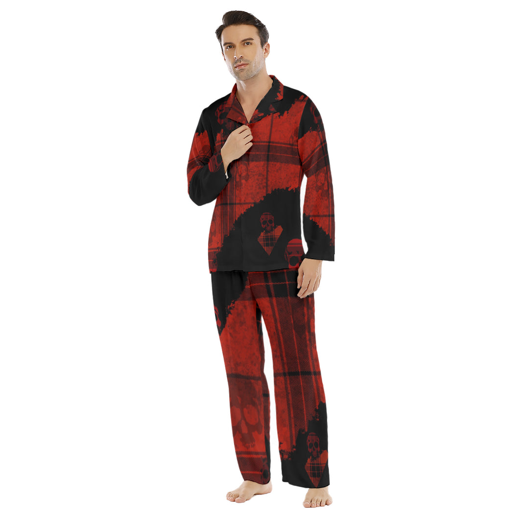 Plaid red/blk skulls Print Men's Lapel Pajama Set