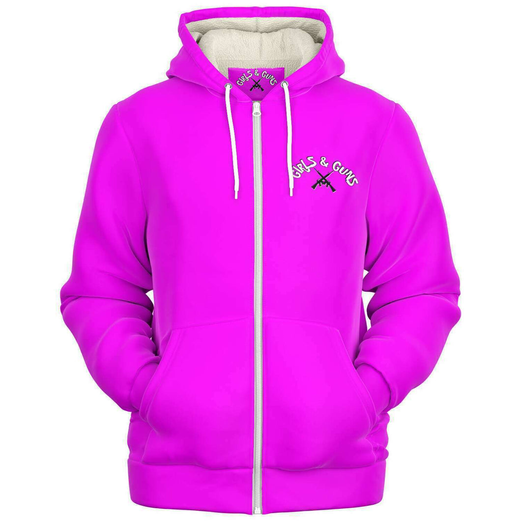 Girls n Guns print pink micro fleece zip up hoodie