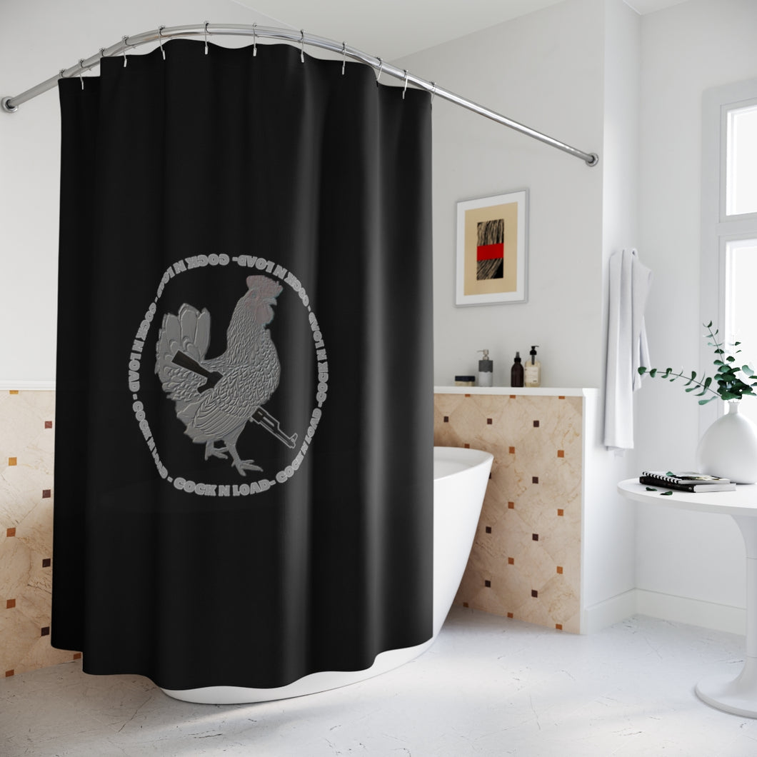 COCK N LOAD Polyester Shower Curtain. Black and silver.
