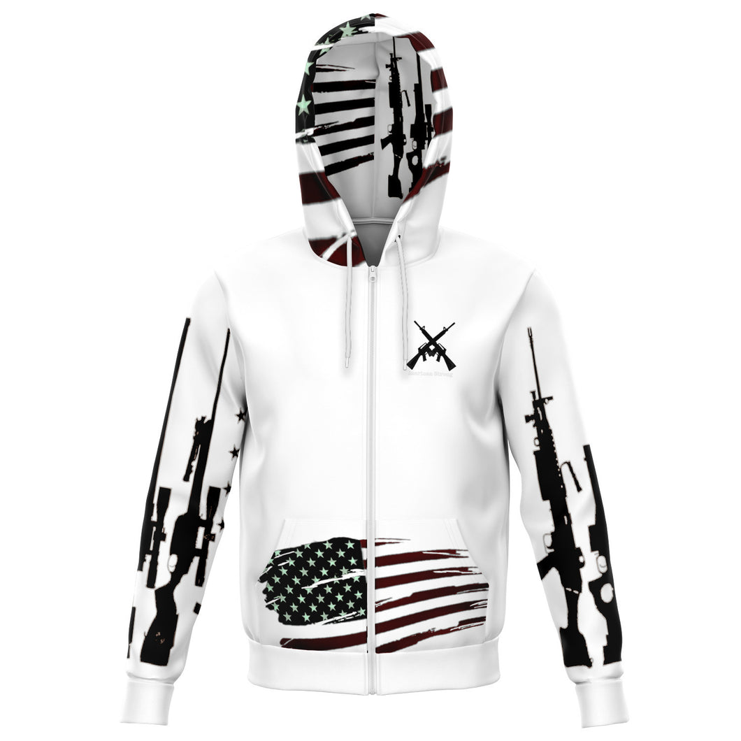 American strong print, zip up hoodie, premium polyester, and spandex blend