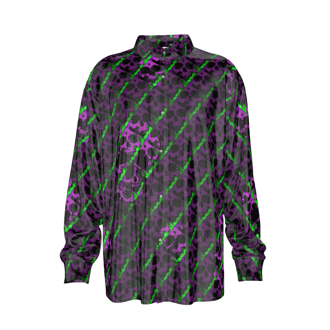 Green/pur skull print Men's Imitation Silk Long-Sleeved Shirt