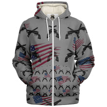 Load image into Gallery viewer, American print gun/flag, micro fleece, zip up hoodie
