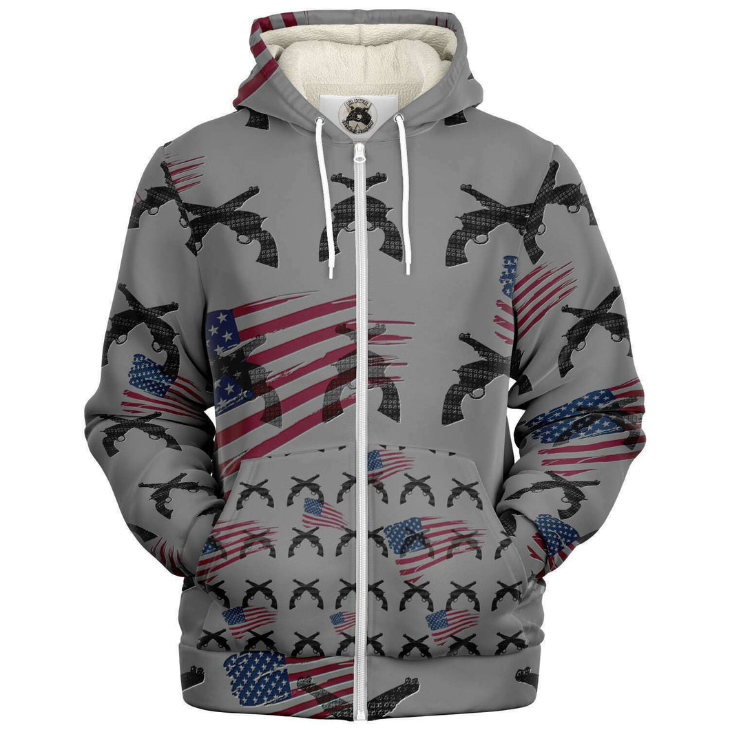 American print gun/flag, micro fleece, zip up hoodie