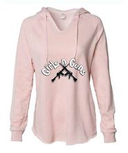 Load image into Gallery viewer, Girls n Guns print Women’s Lightweight California Wave Wash DTG Hooded Sweatshirt
