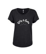 Load image into Gallery viewer, Girls n Guns print Next Level 6760 Women&#39;s Tri-Blend Dolman T-Shirt
